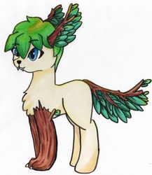 Size: 3765x4343 | Tagged: safe, artist:backgroundpony#f352, derpibooru exclusive, derpibooru import, oc, oc only, oc:daisy_green, original species, pony, timber pony, timber wolf, claws, eyes open, fangs, female, green mane, leaves, mare, marker drawing, simple background, solo, traditional art, white background