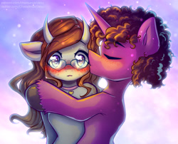 Size: 4338x3508 | Tagged: safe, artist:chaosangeldesu, derpibooru import, oc, oc only, pony, unicorn, blushing, commission, couple, cute, glasses, holiday, hug, valentine's day