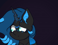 Size: 1413x1080 | Tagged: safe, artist:theotherpony, derpibooru import, oc, oc only, oc:sinari, changeling, changeling queen, animated, blue changeling, blushing, commission, cute, facial markings, female, fourth wall, gif, kissing, kissing the screen, looking at you, looking away, loop, mare, perfect loop, simple background, smiling, smiling at you, solo, ych result