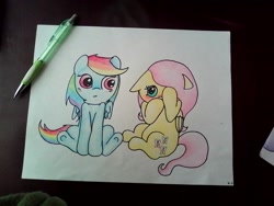 Size: 1280x960 | Tagged: safe, artist:fluttersdoodles, derpibooru import, fluttershy, rainbow dash, blushing, eye contact, female, flutterdash, lesbian, looking at each other, looking at someone, pencil drawing, shipping, shy, sitting, traditional art