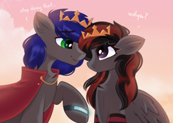 Size: 3508x2480 | Tagged: safe, artist:janelearts, derpibooru import, oc, oc:mb midnight breeze, oc:se solar eclipse, pegasus, adorable face, cape, clothes, couple, crown, cute, jewelry, king and queen, love, pegasus oc, playful, regalia, true love, watch, wristwatch