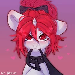 Size: 1000x1000 | Tagged: safe, artist:shelti, derpibooru import, oc, oc only, pony, unicorn, blushing, bow, bust, collar, colored pupils, commission, female, gradient background, heart, horn, leash, looking at you, mare, mouth hold, offscreen character, pov, sitting