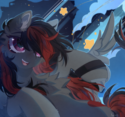 Size: 3203x3000 | Tagged: safe, artist:kefirro7, derpibooru import, oc, oc only, oc:se solar eclipse, pegasus, chest fluff, cute, flying, night, night sky, pegasus oc, shooting star, sky, smiling, solo, spread wings, watch, wings, wristwatch