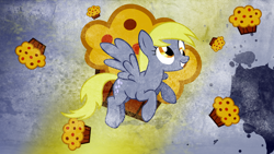 Size: 1920x1080 | Tagged: safe, artist:sierraex, artist:sir-szengelot, artist:unimportantusername, derpibooru import, edit, derpy hooves, pegasus, pony, female, flying, food, grunge, happy, mare, muffin, paint splatter, smiling, solo, wallpaper, wallpaper edit