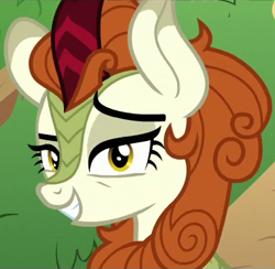 Size: 379x370 | Tagged: safe, derpibooru import, screencap, autumn blaze, kirin, season 8, sounds of silence, spoiler:s08, a kirin tale, cropped, eyebrows, female, grin, lidded eyes, looking at you, raised eyebrow, smiling, smug, solo