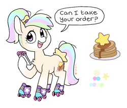 Size: 800x680 | Tagged: safe, artist:fizzlefer, derpibooru import, oc, oc only, earth pony, pony, food, pancakes, reference sheet, roller skates, simple background, skates, solo, speech bubble, white background