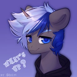 Size: 1000x1000 | Tagged: safe, artist:shelti, derpibooru import, oc, oc only, pony, unicorn, bust, clothes, colored pupils, commission, dialogue, gradient background, hoodie, horn, looking at you, male, sitting, smiling, solo, stallion, text