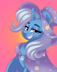 Size: 2799x3577 | Tagged: safe, artist:fizzlefer, derpibooru import, trixie, pony, unicorn, cape, clothes, female, gradient background, grin, hat, mare, smiling, solo, trixie's cape, trixie's hat