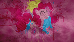 Size: 1920x1080 | Tagged: safe, artist:atmospark, artist:blackgryph0n, artist:sir-szengelot, derpibooru import, edit, pinkie pie, earth pony, pony, eyes closed, female, grunge, happy, mare, paint splatter, smiling, solo, wallpaper, wallpaper edit