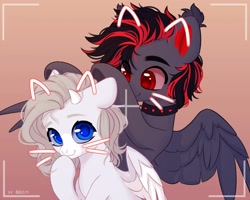 Size: 2500x2000 | Tagged: safe, artist:shelti, derpibooru import, oc, oc only, pegasus, pony, bust, cat ears, choker, colored pupils, colored sclera, duo, duo male and female, ear fluff, ears, female, filter, gradient background, horns, male, mare, partially open wings, phone screen, raised hoof, raised leg, smiling, spiked choker, stallion, underhoof, whiskers, wings