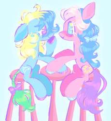 Size: 1280x1393 | Tagged: safe, artist:webkinzworldz, derpibooru import, earth pony, pony, g2, beach pony, blushing, countryside pony, couple, duo, female, lesbian, looking at each other, looking at someone, shipping, simple background