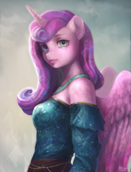 Size: 2013x2653 | Tagged: safe, artist:hirichie, derpibooru import, princess flurry heart, alicorn, anthro, crystal pony, g4, clothes, digital art, dress, female, head turn, horn, jewelry, looking at you, mare, older, older flurry heart, side view, sky, wings