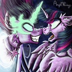 Size: 1024x1024 | Tagged: safe, artist:angelwingsmlpfim, derpibooru import, midnight sparkle, sci-twi, twilight sparkle, twilight sparkle (alicorn), alicorn, pony, equestria girls, boop, duo, equestria girls ponified, evil grin, female, grin, mare, mirror, mirror portal, noseboop, ponified, signature, smiling, species swap