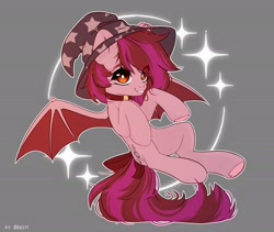 Size: 2356x1984 | Tagged: safe, artist:shelti, derpibooru import, oc, oc only, bat pony, pony, bat wings, bow, choker, colored pupils, commission, female, flying, gray background, hat, mare, simple background, solo, spread wings, tail, tail bow, underhoof, wings, witch hat