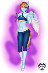 Size: 3000x4500 | Tagged: safe, alternate version, artist:wraith148, derpibooru import, rainbow dash, anthro, unguligrade anthro, clothes, colored wings, colored wingtips, female, flower, leggings, purple background, signature, simple background, solo, sport bra, violet (flower), wings, workout outfit