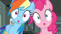 Size: 1920x1080 | Tagged: safe, derpibooru import, screencap, pinkie pie, rainbow dash, earth pony, pegasus, pony, daring done?, :o, a.k. yearling's cottage, close-up, duo, duo female, female, looking at you, mare, open mouth