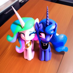 Size: 3072x3072 | Tagged: safe, derpibooru import, generator:purplesmart.ai, generator:stable diffusion, machine learning generated, princess celestia, princess luna, alicorn, pony, cute, cutelestia, duo, female, figurine, jewelry, lunabetes, photo, regalia, toy