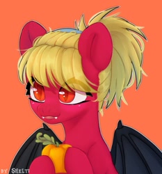 Size: 1920x2064 | Tagged: safe, artist:shelti, derpibooru import, oc, oc only, bat pony, pony, bat wings, bust, colored pupils, commission, fangs, female, fruit, headband, hoof hold, mare, orange background, partially open wings, ponytail, simple background, slit eyes, solo, wings