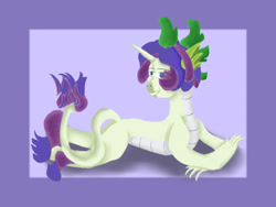 Size: 2000x1500 | Tagged: safe, artist:sh4deshad0w41, derpibooru import, oc, oc only, dracony, dragon, hybrid, unicorn, adoptable, horn, interspecies offspring, lying down, male, offspring, parent:rarity, parent:spike, parents:sparity, prone, smiling, solo