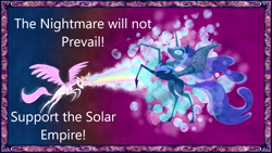 Size: 1280x720 | Tagged: safe, derpibooru import, edit, edited screencap, screencap, nightmare moon, princess celestia, alicorn, pony, friendship is magic, caption, image macro, magic, propaganda, solar empire, text