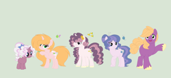 Size: 1924x880 | Tagged: safe, artist:roseloverofpastels, derpibooru import, little mac, oc, oc:buttercup flow, oc:honey crisp, oc:pink lady apple, oc:rare jewel, earth pony, pony, unicorn, base used, female, filly, foal, green background, half-siblings, male, mare, offspring, parent:big macintosh, parent:fancypants, parent:rarity, parents:rarimac, parents:raripants, siblings, simple background, stallion