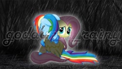 Size: 703x400 | Tagged: safe, artist:goddamn_rainy, derpibooru import, fluttershy, rainbow dash, female, flutterdash, hug, lesbian, shipping