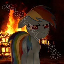 Size: 720x716 | Tagged: safe, artist:goddamn_rainy, derpibooru import, rainbow dash, fire, watermark