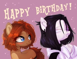 Size: 1166x900 | Tagged: safe, artist:shelti, derpibooru import, oc, oc only, oc:owl, earth pony, pony, birthday, blushing, clothes, colored pupils, countershading, duo, duo female, ear piercing, earring, exclamation point, fangs, female, grin, happy, jewelry, long sleeves, mare, one eye closed, piercing, pink background, simple background, smiling, standing, text, wink