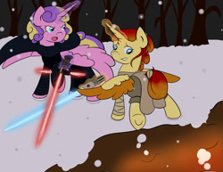 Size: 1024x792 | Tagged: safe, artist:fairiegirl101, derpibooru import, princess skyla, oc, oc:meridia, alicorn, pony, alicorn oc, crossover, duo, female, glowing, glowing horn, horn, kylo ren, lightsaber, magic, magic aura, star wars, telekinesis, weapon, wings