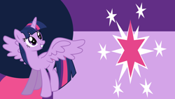 Size: 1920x1080 | Tagged: safe, artist:kamyk962, artist:kysss90, artist:princessmedley13, derpibooru import, edit, twilight sparkle, twilight sparkle (alicorn), alicorn, pony, abstract background, cutie mark, female, looking up, mare, smiling, solo, spread wings, wallpaper, wallpaper edit, wings