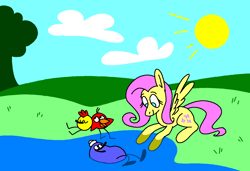 Size: 1316x900 | Tagged: safe, artist:msponies, derpibooru import, fluttershy, pegasus, pony, g4, cloud, crossover, februpony, female, looking down, lying down, mare, ms paint, outdoors, peep and the big wide world, prone, sitting, smiling, spread wings, sun, tree, water, wings