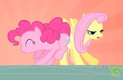 Size: 473x307 | Tagged: safe, derpibooru import, screencap, fluttershy, pinkie pie, butt to butt, butt touch