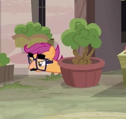 Size: 409x385 | Tagged: safe, derpibooru import, screencap, scootaloo, pegasus, pony, fake moustache, groucho mask