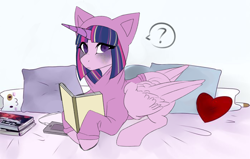 Size: 2000x1274 | Tagged: safe, artist:lolabu, derpibooru import, twilight sparkle, twilight sparkle (alicorn), alicorn, pony, alternate hairstyle, bed, blanket, book, clothes, commission, cute, female, hoodie, looking at you, mare, pillow, plushie, question mark, reading, redesign, solo, twiabetes, ych result