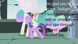 Size: 1280x720 | Tagged: safe, derpibooru import, edit, edited screencap, screencap, princess celestia, twilight sparkle, alicorn, pony, unicorn, friendship is magic, caption, derpibooru, image macro, meta, neck nuzzle, nuzzling, text