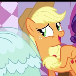 Size: 409x405 | Tagged: safe, derpibooru import, screencap, applejack, honest apple, clothes, dress