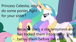 Size: 1280x720 | Tagged: safe, derpibooru import, edit, edited screencap, screencap, fluttershy, princess celestia, alicorn, pegasus, pony, keep calm and flutter on, caption, derpibooru, image macro, meta, propaganda, text