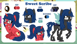 Size: 1200x689 | Tagged: safe, artist:jennieoo, derpibooru import, oc, oc:sweet scribe, changeling, pony, unicorn, amazed, cutie mark, fangs, glasses, laughing, ponytail, reference, reference sheet, show accurate, solo, vector