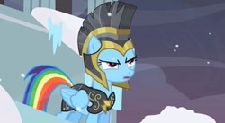 Size: 375x205 | Tagged: safe, derpibooru import, screencap, commander hurricane, rainbow dash, armor, hearth's warming eve