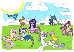 Size: 3487x2483 | Tagged: safe, artist:killerteddybear94, derpibooru import, applejack, fluttershy, li'l cheese, luster dawn, pinkie pie, princess cadance, princess celestia, princess flurry heart, princess luna, rainbow dash, rarity, starlight glimmer, trixie, twilight sparkle, alicorn, earth pony, pegasus, pony, unicorn, mane six, mlp fim's tenth anniversary, older, older applejack, older flurry heart, older fluttershy, older mane six, older pinkie pie, older rainbow dash, older rarity, older twilight, traditional art