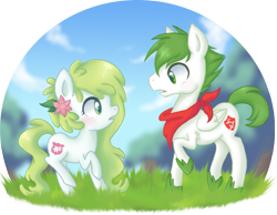 Size: 1353x1052 | Tagged: safe, artist:ne-chi, derpibooru import, oc, oc:gracidea, pony, bandana, first meeting, looking at each other, looking at someone, mythical pokémon, open mouth, pokémon, raised hoof, raised leg, shaymin, simple background, transparent background