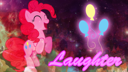 Size: 1920x1080 | Tagged: safe, artist:blackgryph0n, artist:dalekstugaming, artist:peachspices, derpibooru import, edit, pinkie pie, earth pony, pony, bipedal, cutie mark, eyes closed, female, happy, mare, open mouth, open smile, ponyville, smiling, solo, stars, translucent, wallpaper, wallpaper edit