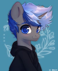 Size: 1454x1800 | Tagged: safe, artist:shelti, derpibooru import, oc, oc only, oc:orion, pony, unicorn, blushing, bust, clothes, colored pupils, commission, happy, hoodie, horn, long sleeves, male, simple background, sitting, smiling, solo, stallion, teal background