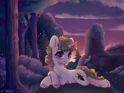 Size: 2000x1500 | Tagged: safe, artist:shelti, derpibooru import, oc, oc only, pony, unicorn, bush, commission, curly hair, female, grass, happy, looking at you, mare, outdoors, sky, smiling, solo, sunset, tree, unshorn fetlocks