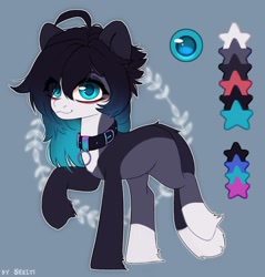 Size: 1624x1700 | Tagged: safe, artist:shelti, derpibooru import, oc, oc only, earth pony, pony, bald face, blaze (coat marking), blue background, coat markings, collar, colored pupils, facial markings, female, looking at you, mare, raised hoof, raised leg, reference sheet, simple background, socks (coat marking), solo