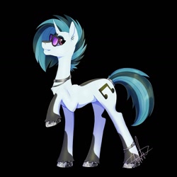 Size: 1440x1440 | Tagged: safe, artist:shackle_moon, derpibooru import, dj pon-3, vinyl scratch, pony, unicorn, black background, profile, raised hoof, raised leg, redesign, side view, simple background, solo, sunglasses, unshorn fetlocks