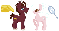 Size: 1374x720 | Tagged: safe, artist:ne-chi, derpibooru import, oc, oc:big wealth, oc:dominique, earth pony, pony, coin, cutie mark, earth pony oc, mirror, raised hoof, raised leg, simple background, transparent background