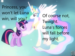 Size: 828x619 | Tagged: safe, derpibooru import, edit, edited screencap, screencap, princess celestia, twilight sparkle, unicorn twilight, alicorn, pony, unicorn, magical mystery cure, caption, cropped, derpibooru, duo, image macro, meta, propaganda, text