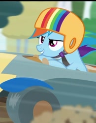 Size: 311x399 | Tagged: safe, derpibooru import, screencap, rainbow dash, pegasus, pony, the cart before the ponies, cart, cropped, female, helmet, mare