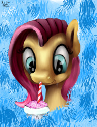 Size: 1023x1334 | Tagged: safe, artist:ryma2001, derpibooru import, fluttershy, pony, female, milkshake, solo